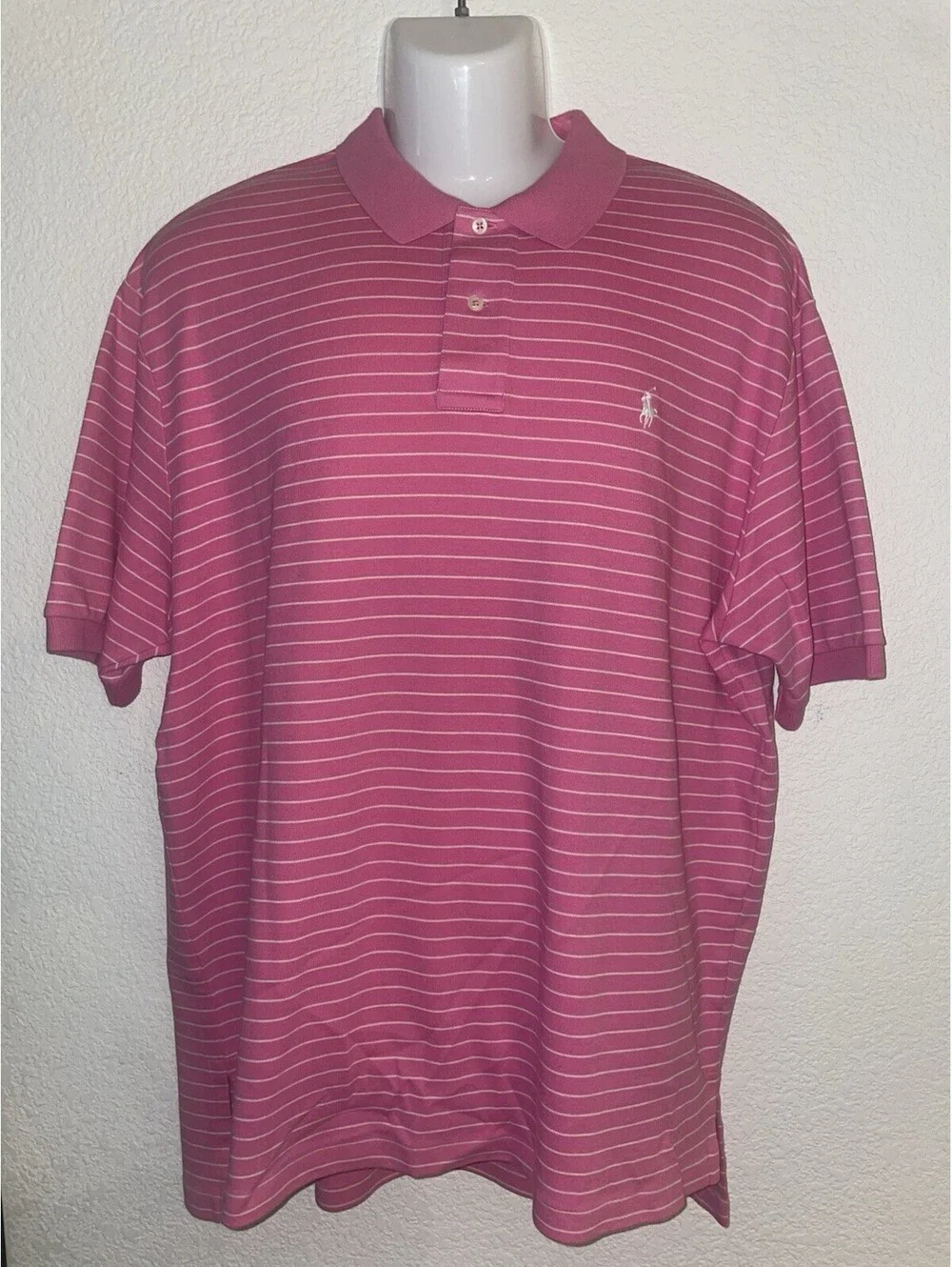 Vintage Polo Ralph Lauren Mens Size 2XL White Striped Pink White Pony Polo Shirt